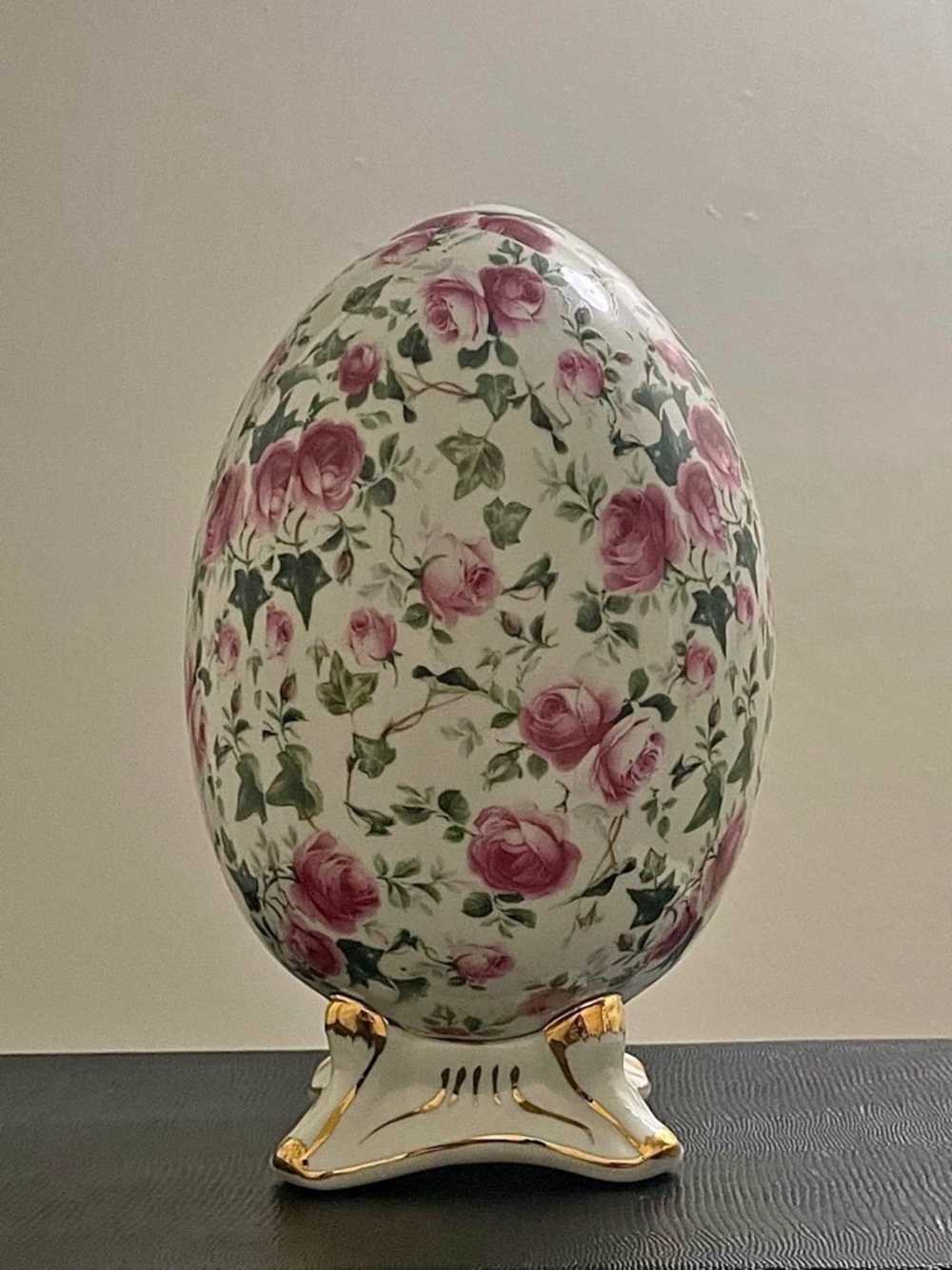 Porcelain Decorative Egg with Pink Rose and Green Ivy Motif